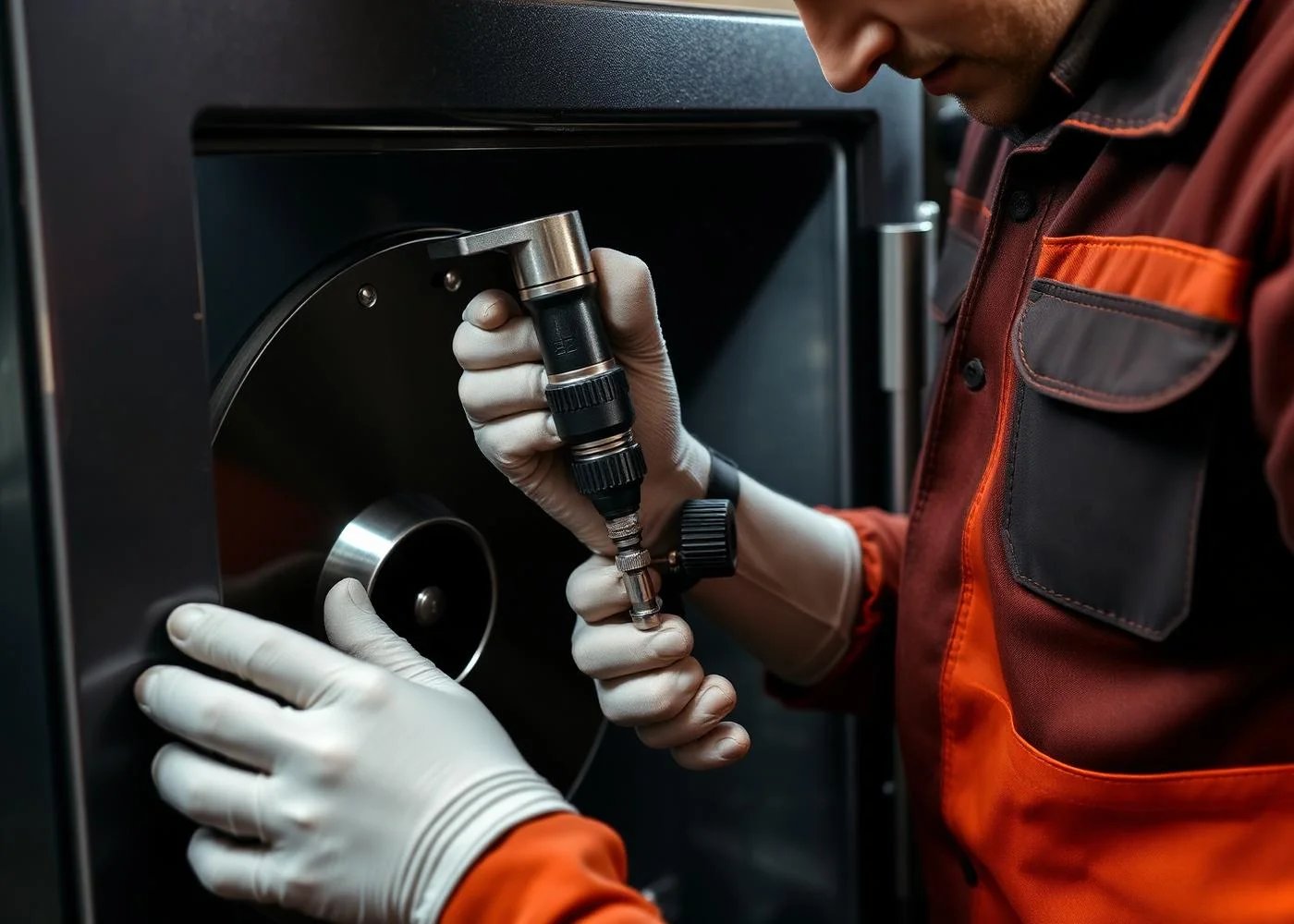 Techniker öffnet einen Tresor mit Präzisionswerkzeug